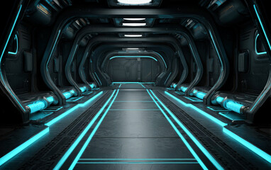 Obraz premium Futuristic sci - fi corridor with blue neon lights and sleek design