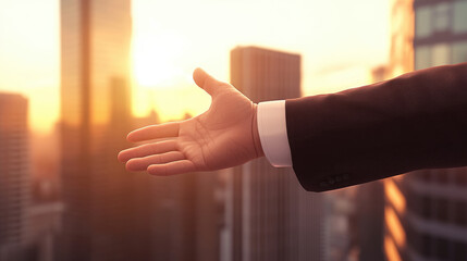 Business professional extends hand in welcoming gesture against backdrop of modern skyscrapers during sunset, symbolizing opportunity and connection