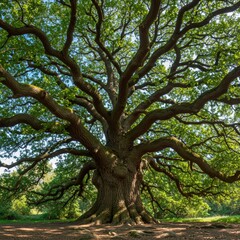 Ancient oak tree dominates landscape in sunlit forest