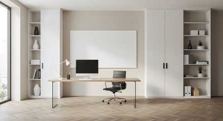 Modern Minimalist Office Workspace with Desk Computer and Shelves in Bright Natural Light