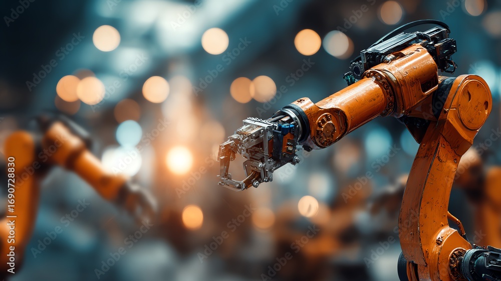 Poster an industrial robotic arm extends forward, showcasing precision engineering and automated manufactur