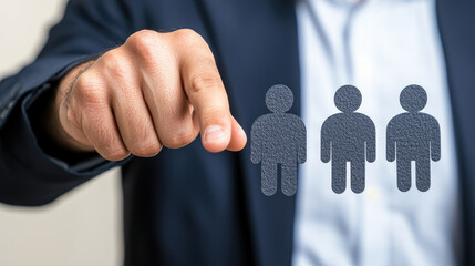 Hand points at virtual recruitment search bar, symbolizing selection of candidates for job. This conveys sense of professionalism and importance of hiring in corporate environment