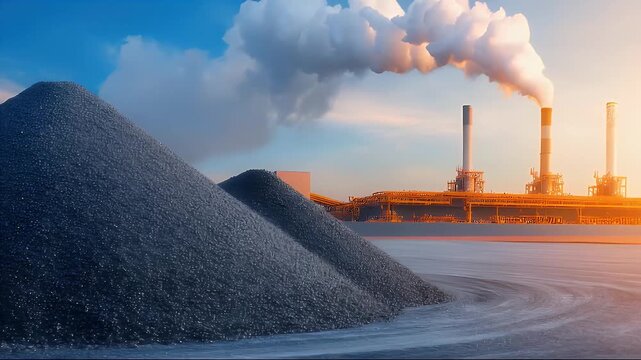 Industrial Plant with Billowing Smoke Stacks Under Blue Sky and Gray Material Pile
