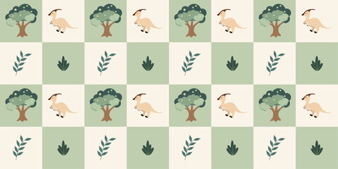 Cute dinosaurs checkerboard pattern. Jungle dinosaurs animal seamless pattern. Safari dinosaurs and tropical plants. Perfect for fabrics, print, textile, wallpaper, decor.