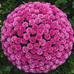 Pink roses bloom densely in a garden