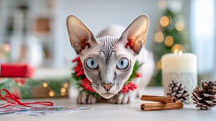 Sphynx cat surrounded by holiday decorations with presents, candles, and festive elements creating a cozy atmosphere during the Christmas season