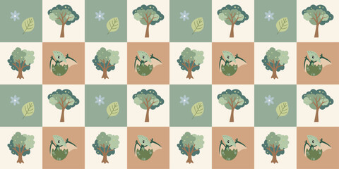 Cute dinosaurs checkerboard pattern. Jungle dinosaurs animal seamless pattern. Safari dinosaurs and tropical plants. Perfect for fabrics, print, textile, wallpaper, decor.