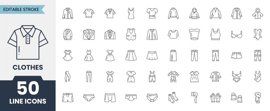 Clothes vector icon set. Containing t-shirt, pants, jacket, dress, short, shoe, suit, shirt and more. Editable stroke. Vector illustration