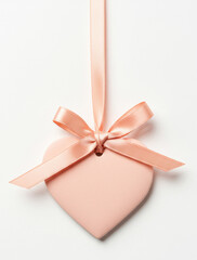 Heart ornament hangs with ribbon on white background