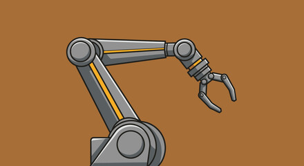 Illustrated industrial robotic arm with articulated joints and gripper.