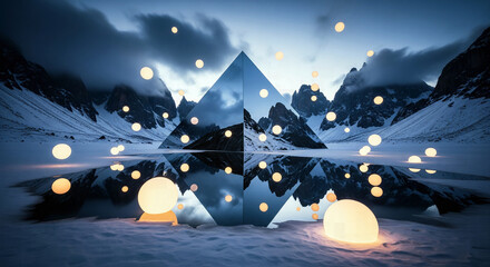A surreal landscape with a mirrored pyramid and glowing orbs on a frozen mountain lake at night