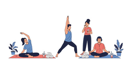 Diverse group of people practicing yoga and mindfulness exercises together on mats with plants and water bottles promoting wellness and healthy lifestyle
