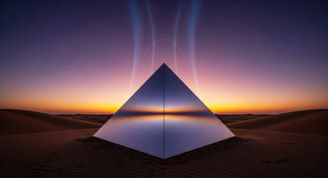 A surreal desert landscape with a large, mirrored pyramid and glowing light beams at dusk - Powered by Adobe