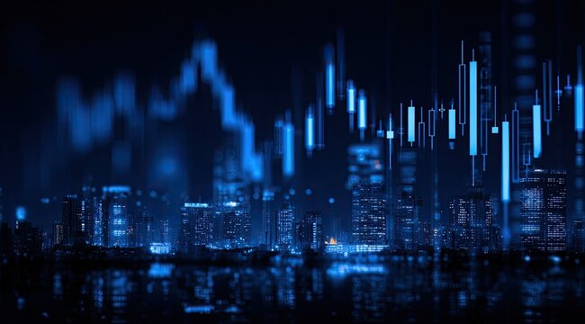 Night city with financial data overlay