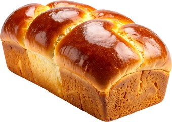 Golden brown brioche bread loaf with glossy egg wash finish isolated on white background