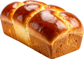 Golden brown brioche bread loaf with glossy egg wash finish isolated on white background