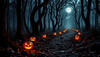A Halloween themed nighttime scene with a forest path lined with jack o' lanterns. It's an autumnal setting with trees and ground covered in fallen leaves, enhancing the seasonal atmosphere.