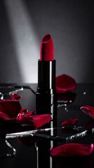 Crimson Allure: A Dark Beauty Still Life with Lipstick, Rose Petals, and Reflections on Glass Fragments
