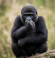 Naklejka premium Thoughtful young gorilla sits on a log, gazing intently with a contemplative expression in its eyes
