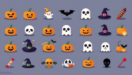 A delightful array of Halloween themed icons set against a grey background. These icons are neatly organized in a grid pattern, making it easy to explore each one