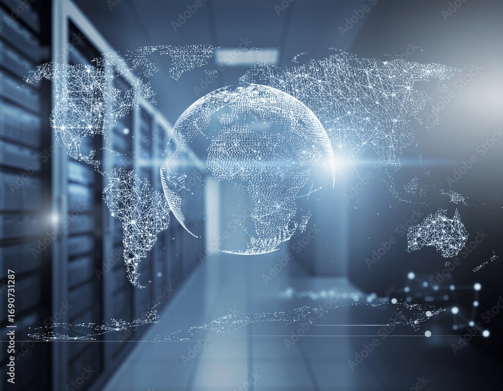 Aufkleber global data flow: conceptual world map network in server room environment for cloud computing