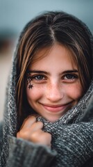 Multiracial girl smiling with quirky spider web design on her cheek while wrapped in a cozy scarf during dusk at the beach