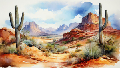 Majestic desert view, watercolor. Natural tones, sand and sky, minimalistic peaceful landscape.