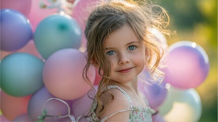 Young Girl with Blue Eyes Standing Near Colorful Balloons Outdoors in Sunlight