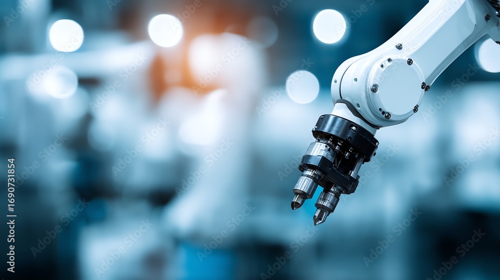 Poster a robotic arm, precisely engineered for automated tasks, extends into the frame against a blurred in