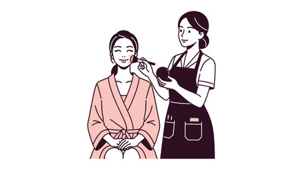 A skilled makeup artist carefully applying cosmetics to a smiling young woman in a beauty salon setting