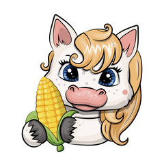 Cute cartoon White Horse holds a Corn. Vector illustration of animal on green background.