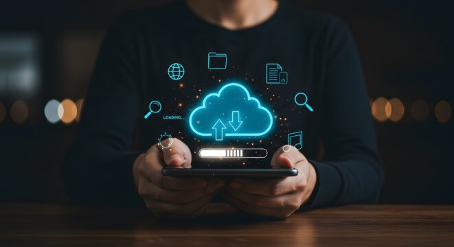 Person using smartphone with glowing cloud technology interface for data upload and download