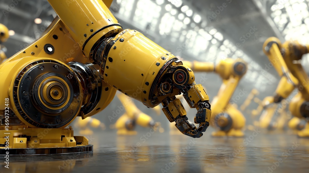 Poster a detailed view showcases a yellow robotic arm in a vast, industrial setting, emphasizing automation