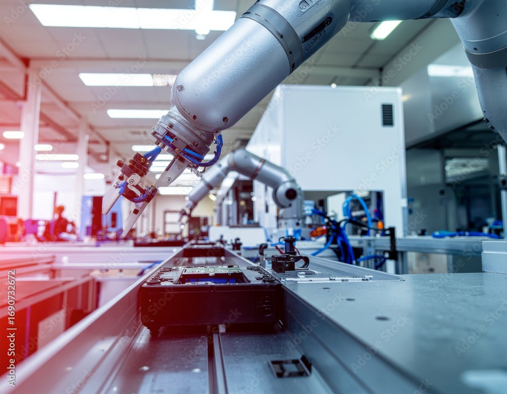 Poster robotic arm automating assembly line, precision manufacturing and industrial automation in a clean f