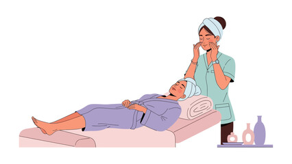 Skilled aesthetician gently applying skincare treatment to relaxed woman lying down in spa setting