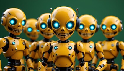 A group of golden robot heads with blue eyes, all facing towards the viewer. They are designed to look human like, complete with teeth and hairstyles