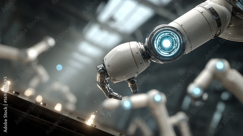 Poster a futuristic robotic arm extends with precision amidst a complex network of similar mechanisms, evok