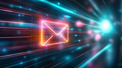 Glowing neon mail icon with digital light streaks and abstract data elements, symbolizing fast communication and secure electronic messaging in futuristic style