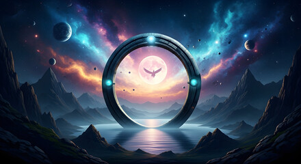 A serene and mystical landscape featuring a glowing circular portal hovering over reflective water under a cosmic sky, offering a tranquil yet profound multiverse portal visuals experience.