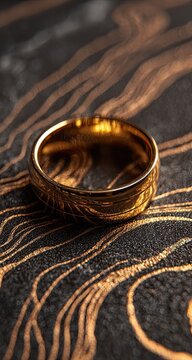 Close-up of a gold band ring on a dark marbled surface
