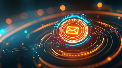Obraz premium Glowing secure email symbol with close up digital interface and futuristic technology design in dark background, conveying communication and data protection concept