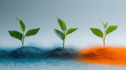 Young Green Plant Sprouts Growing in Soil with Blue and Orange Powdered Background