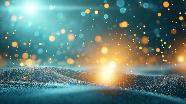 Glowing scatter plot points create futuristic landscape with blue and orange light effects, evoking sense of depth and digital innovation in dynamic abstract scene