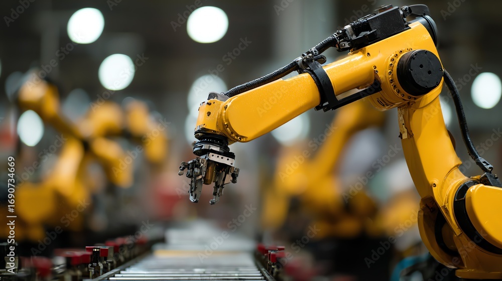 Poster a focused view showcases a yellow robotic arm precisely manipulating components on a conveyor belt w