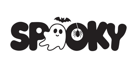 Spooky Halloween Text Design with Ghost, Bat, and Spider for T-shirts