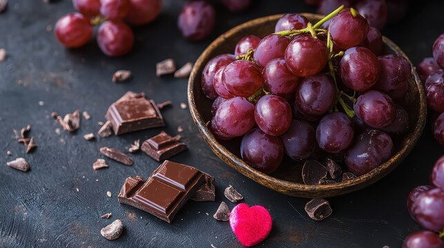 A wooden bowl filled with red grapes next to chocolate pieces and a pink heart on a dark surface
