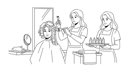 Stylist carefully applies hairspray to a client s styled hair while another person watches in a salon setting with mirrors and beauty products