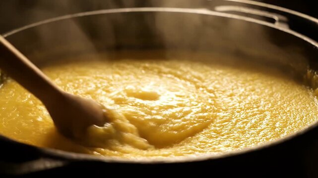 Stirring creamy yellow polenta in a hot cooking pot.