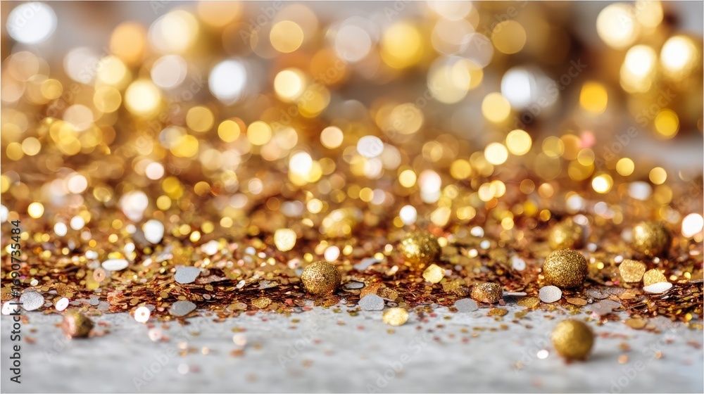 Aufkleber closeup of golden glitter and bokeh effects with shimmering sparkles and soft light flares on a text