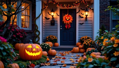 Obraz premium This is a residential image featuring a Halloween themed decoration. The central focus is a festive porch area with a lit jack o' lantern on the left side